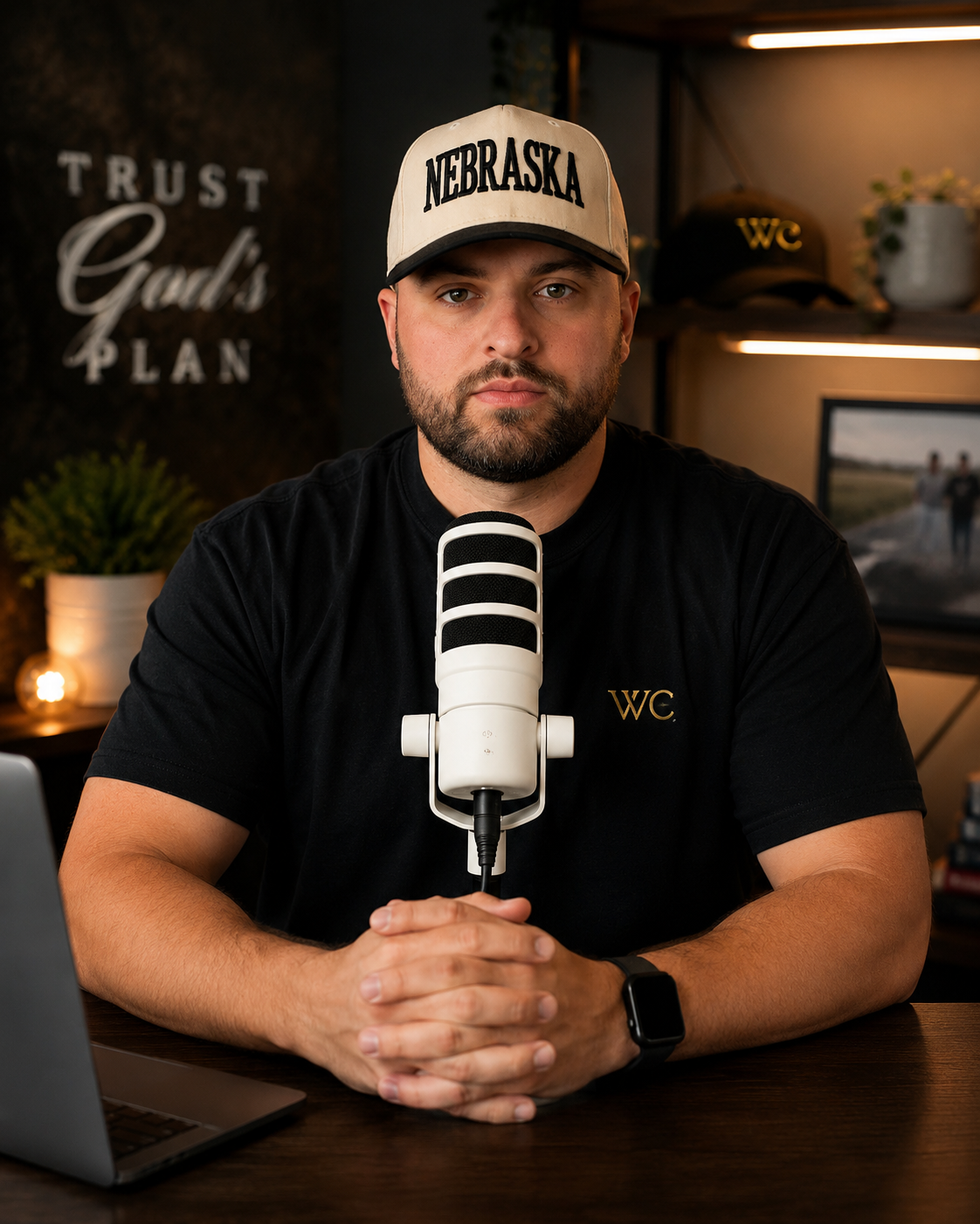 Josh Peterson at the podcast microphone in the studio